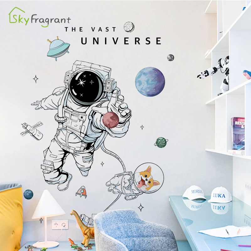 Kreative Weltraum Astronaut Hund Wandaufkleber für Kinderzimmer Kind Junge Schlafzimmer Wanddekoration Selbstklebende Vinyl-Aufkleber Tapeten
