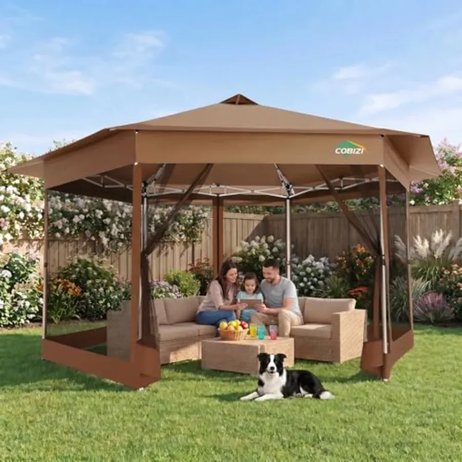 16x16 Pop Up Gazebo with Mosquito Netting, Hexagonal Screened Canopy