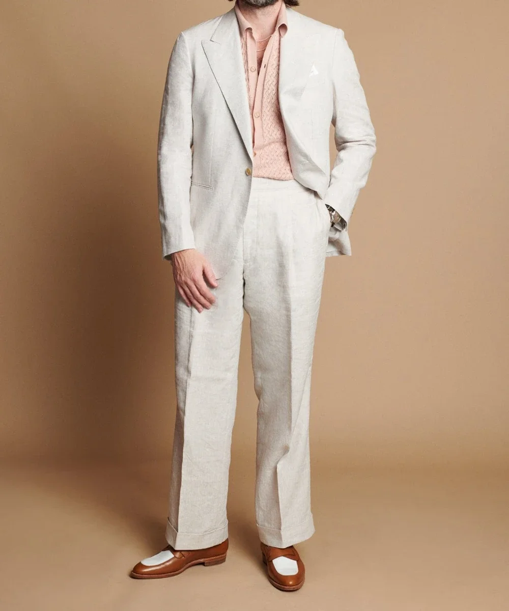 

Fashion Beige Summer Linen Elegant Men Suits Casual Slim Fit Blazers Peak Lapel High Quality Custom 2 Piece Set Costume Homme
