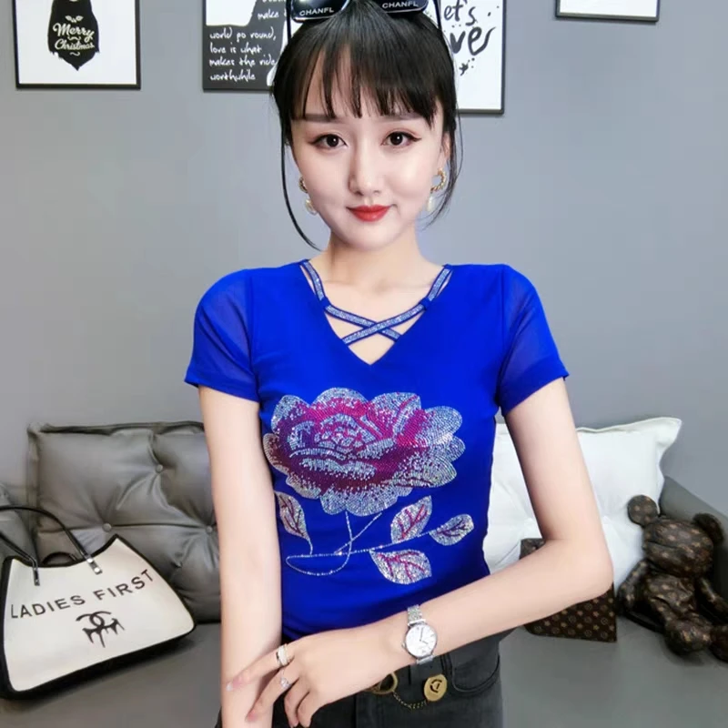 High Quality Summer Mesh T-Shirt Women Flower Diamonds Slim Sexy Tops Elegant Hollow Out V-Neck Short Sleeve Korean Female Tees