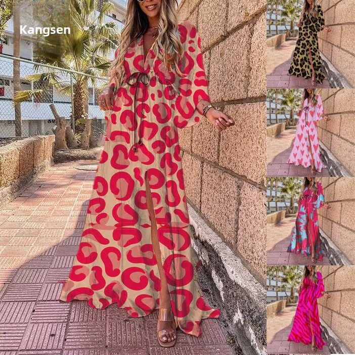 Ele High Waist Bedruckter Chiffon Dr Damen Faionable V-Ne Long Sve A-Linie Rock Sle Sommer Streetwear