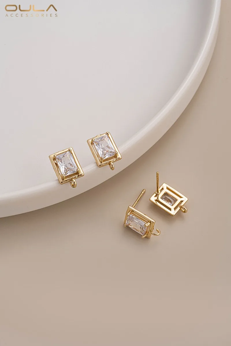 14K Gold-plated, Zircon Inlaid, Round, Rhombic, Rectangular, with Pendant Ring Earrings, 925 Silver Ear Needles Diy Earrings