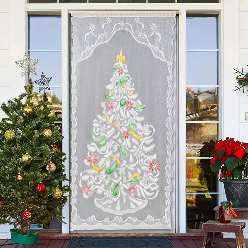

1pc Colorful Christmas Lace Curtain Merry Christmas Window Curtain Xmas Tree Santa Claus Snowman Pattern ThroughRod Type Curtain