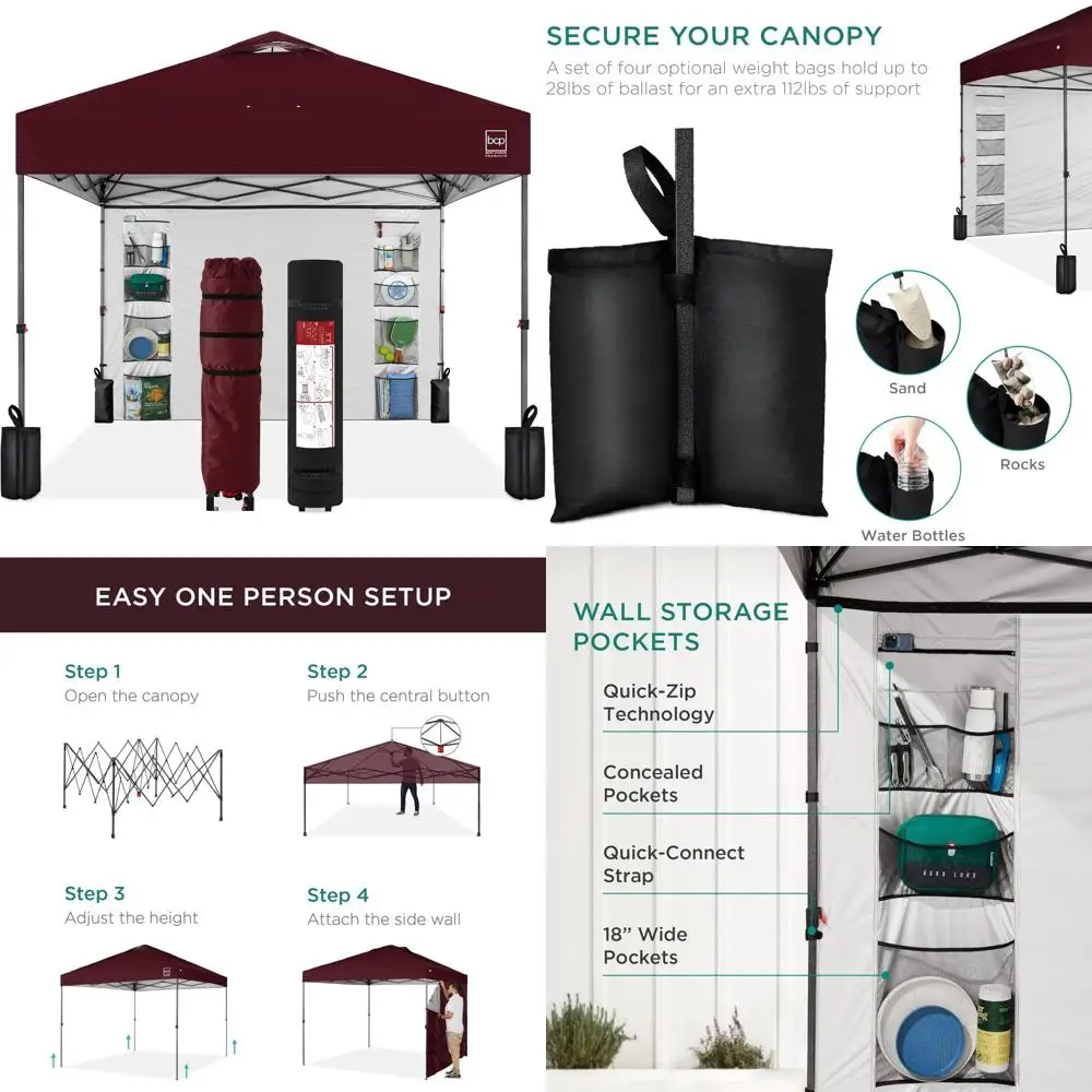 

Portable 10x10ft Pop Up Canopy with Side Panel, 10 Pockets, Carrying Case, 1-Button Setup, 4 Weight Bags - Easy Setup Outdoor Sh