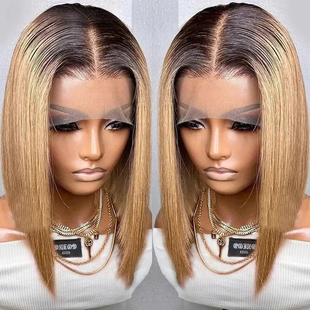 

Ombre Straight Bob 13x6X2 Lace Front Wigs Human Hair Short Bob Wigs Ash Blonde Remy Hair Pre Plucked Wig with Bangs