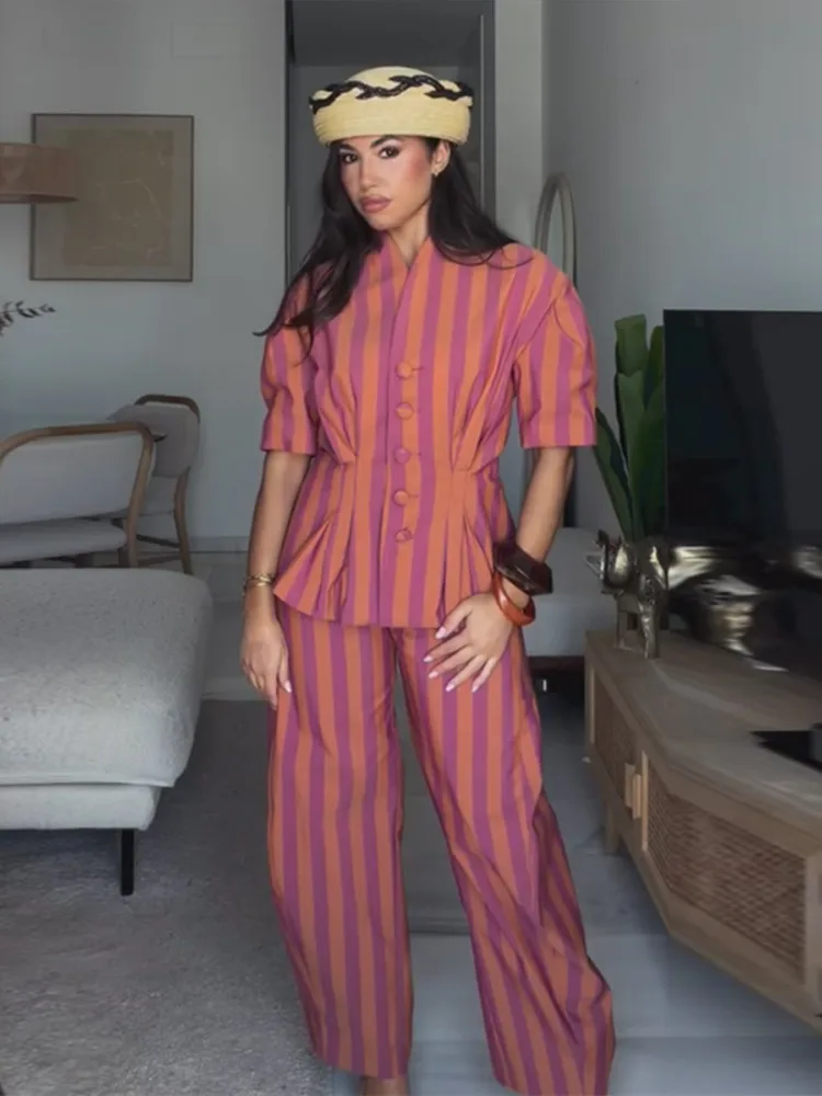 Gestreifte Kurzarm-Oberteil-Hosen-Kombination für Damen, Street-Style Einreihiges Tailliertes Oberteil mit Hochgeschnittener Hose, Modische Damen-Outfits – Detail 20