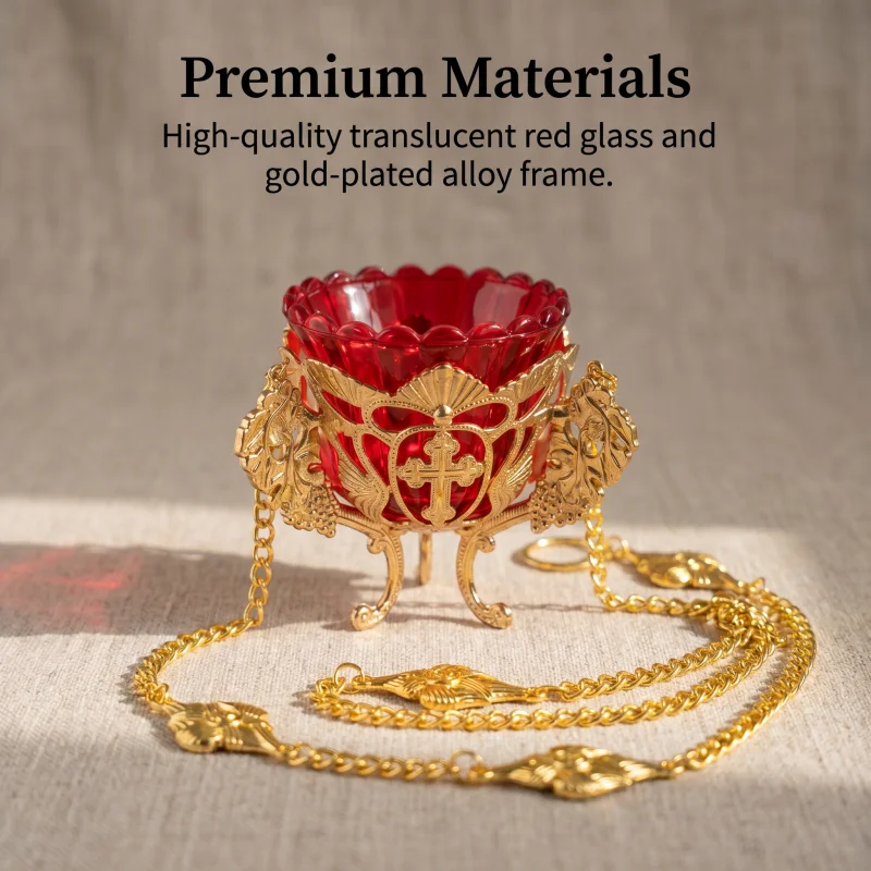 New Byzantine Gold Plated Orthodox Hanging Vigil Lamp Red Glass Insert for Church Liturgy Home Altar Christian Gift Decor Access
