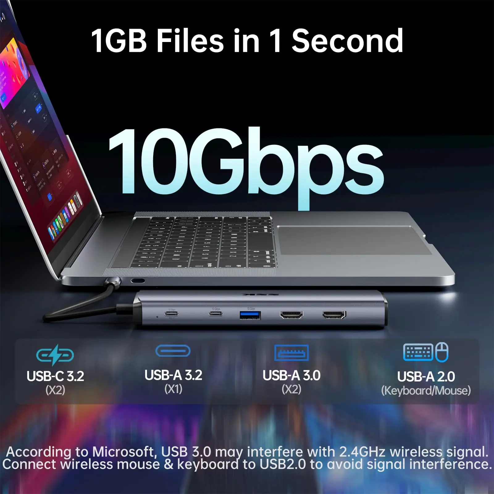 SSK USB C Dock 10Gbps USB C Hub 10Gbps 8K Dual HDMI Ethernet PD100W Thunderbolt Laptop USB Splitter For Macbook PC Accessories