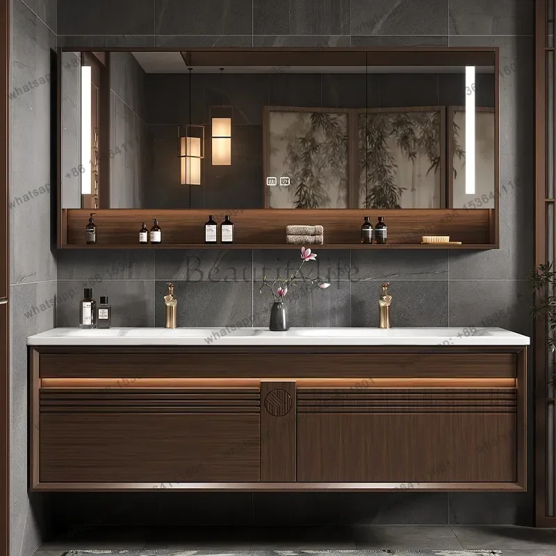 New Chinese style rubber wood rock slab hot bending integrated double basin bathroom cabinet combination washbasin cabinet