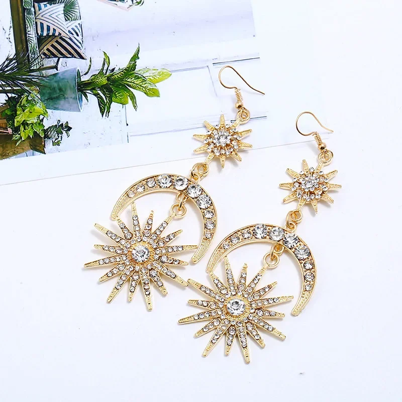 Halo Crown Exaggerated Sun Moon Stars Drop Earrings Rhinestone Earrings for Women Jewelry Golden Boho Vintage Earring Sets