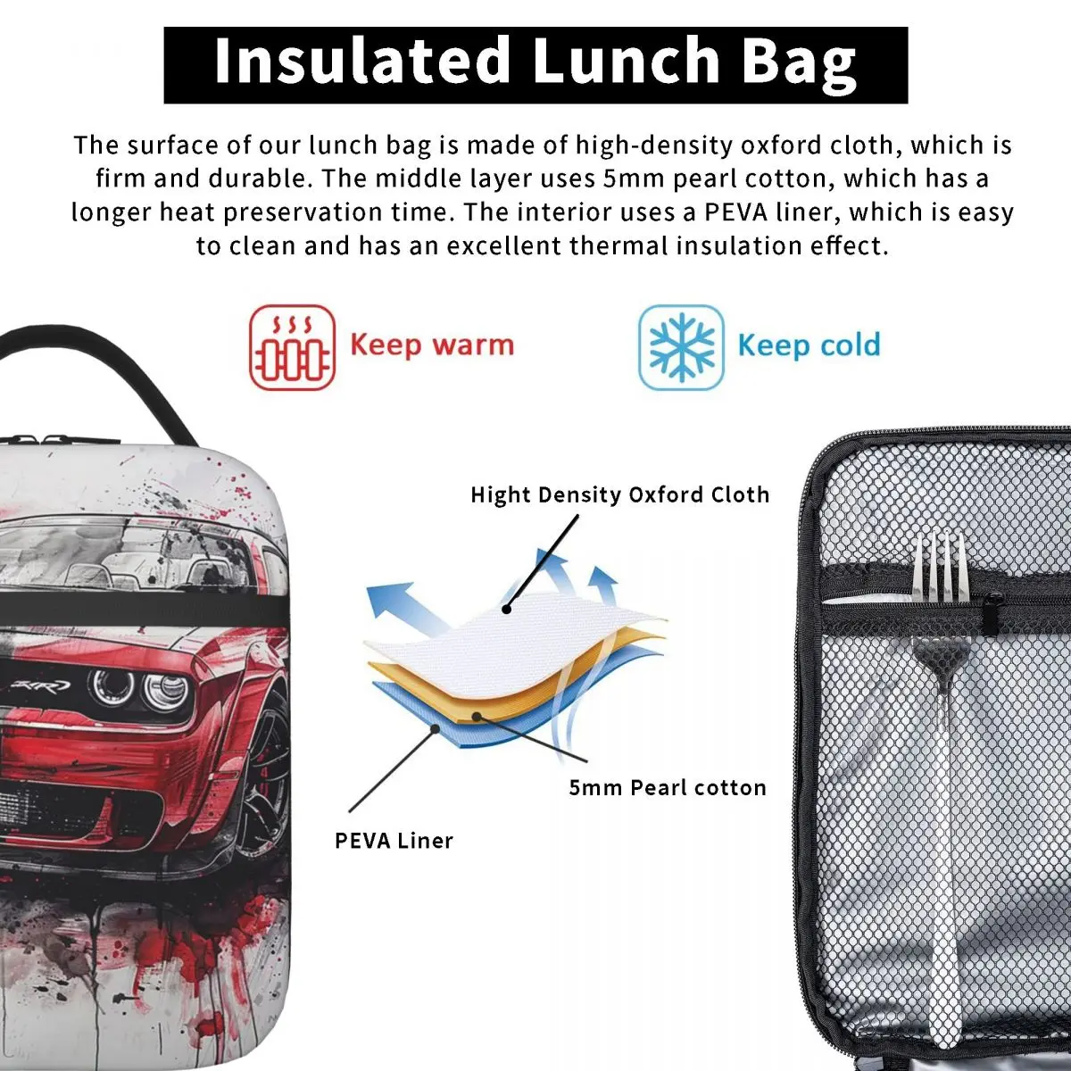 SRT Hellcat Demon Dodge Challenger Car Racing Insulated Lunch Bag for Women Kids Portable Food Boxes Thermal Lunch Box Tote