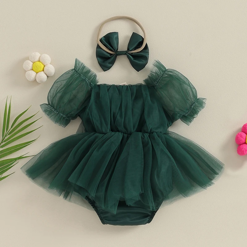 Christmas Baby Girls Romper Infant Solid Color Tulle Romper Dress Newborn Short Sleeve Sweet Bodysuit Jumpsuit + Headband