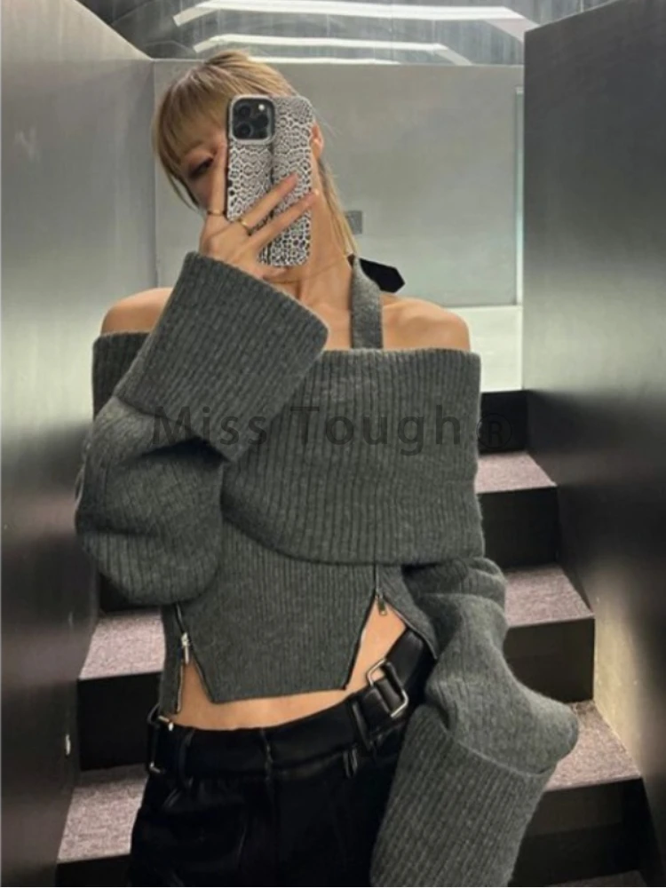 Winter Y2k Elegant Knitted Pullovers Women Slash Neck Vintage Sexy Chic Sweaters Female Korean Fashion Slim Zipper Tops 2023 New