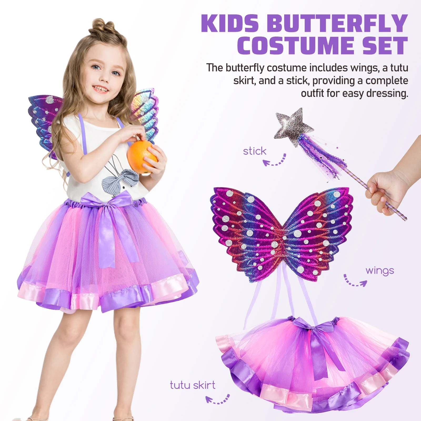 1 conjunto de fantasia de borboleta para meninas, fantasia de princesa com asas de fada, roupas para meninas, asas tutu, festa, acessório de cosplay