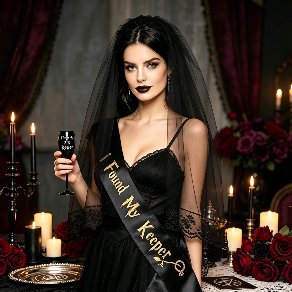 I Found My Keeper Champagne Flutes Veil and Sash Witch Bachelorette Bride To Be Decoration Gothic Wedding Bridal Shower Supplies - view 4