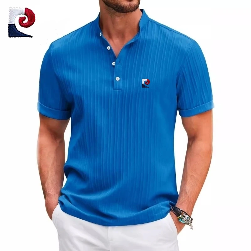 

New men's high-quality Henry collar short sleeved polo shirt, trendy, fashionable, casual, breathable and cool top