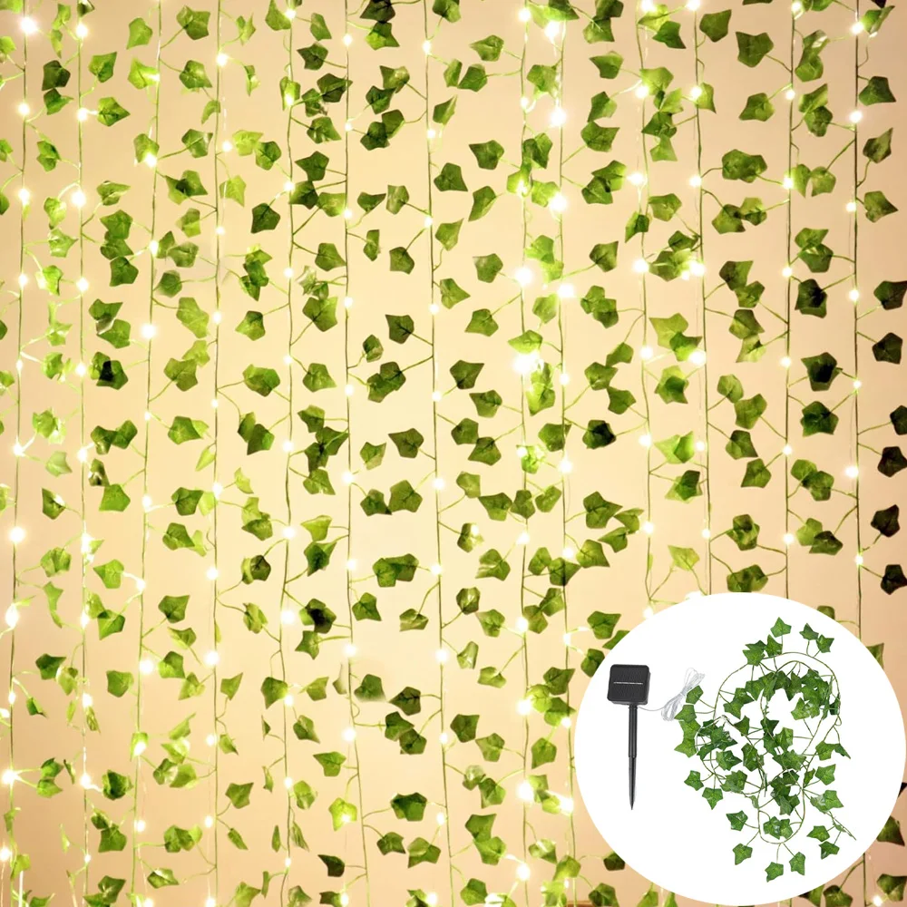 1/2 Stück 50 LED Solar-Lichterkette für Außen, Künstliche Efeu-Blatt-Girlande, Feenlichter, Camping-Gartenlampe, 8 Modi, Terrassen- und Partybeleuchtung