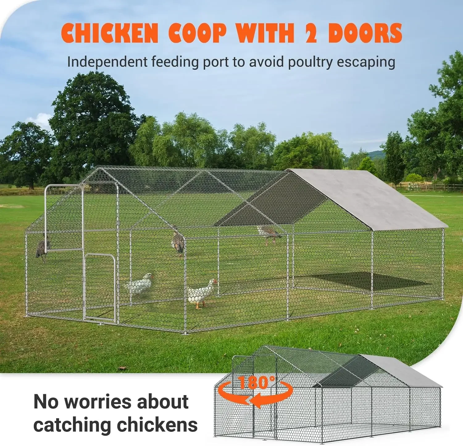 Large Metal Chicken Coop with Waterproof and Anti-Ultraviolet Cover, Walk-in Poultry Cage Chicken Run Pen Dog Kennel Duck House