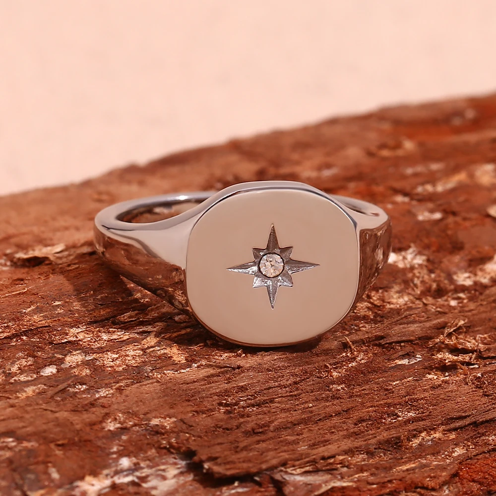 E.B.belle Aspect North Star Seal Ring Silver Color Waterproof 316L Stainless Steel Jewelry 18K Gold Plated Accessories