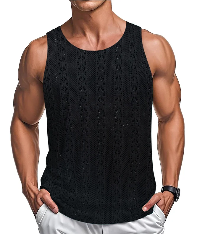 

Men’s Summer Beach Tank Tops Solid Color Jacquard Hollow Out Sleeveless Round Neck Loose Casual Vest