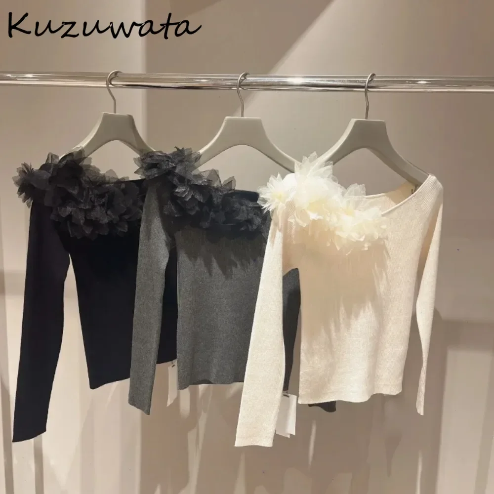 Kuzuwata Long Sleeve Slash Neck All-match Pullover Knit Sweet Fresh Three-dimensional Sweaters Japan Solid New Fresh Women Tops