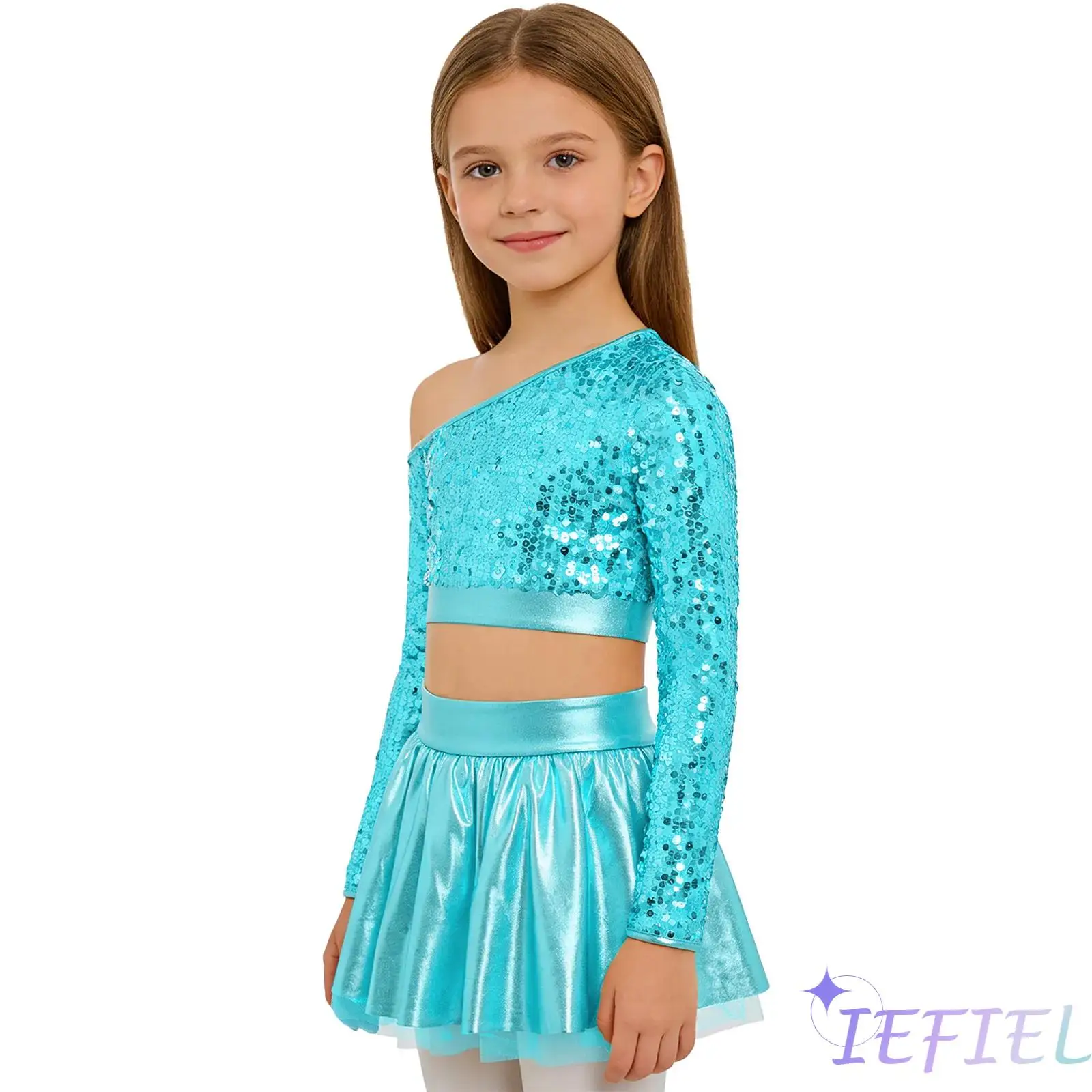 

Kids Girls Jazz Hip Hop Dance Costume One Shoulder Long Sleeve Sequins Top with Elastic Waistband Metallic Tutu Skirt Streetwear