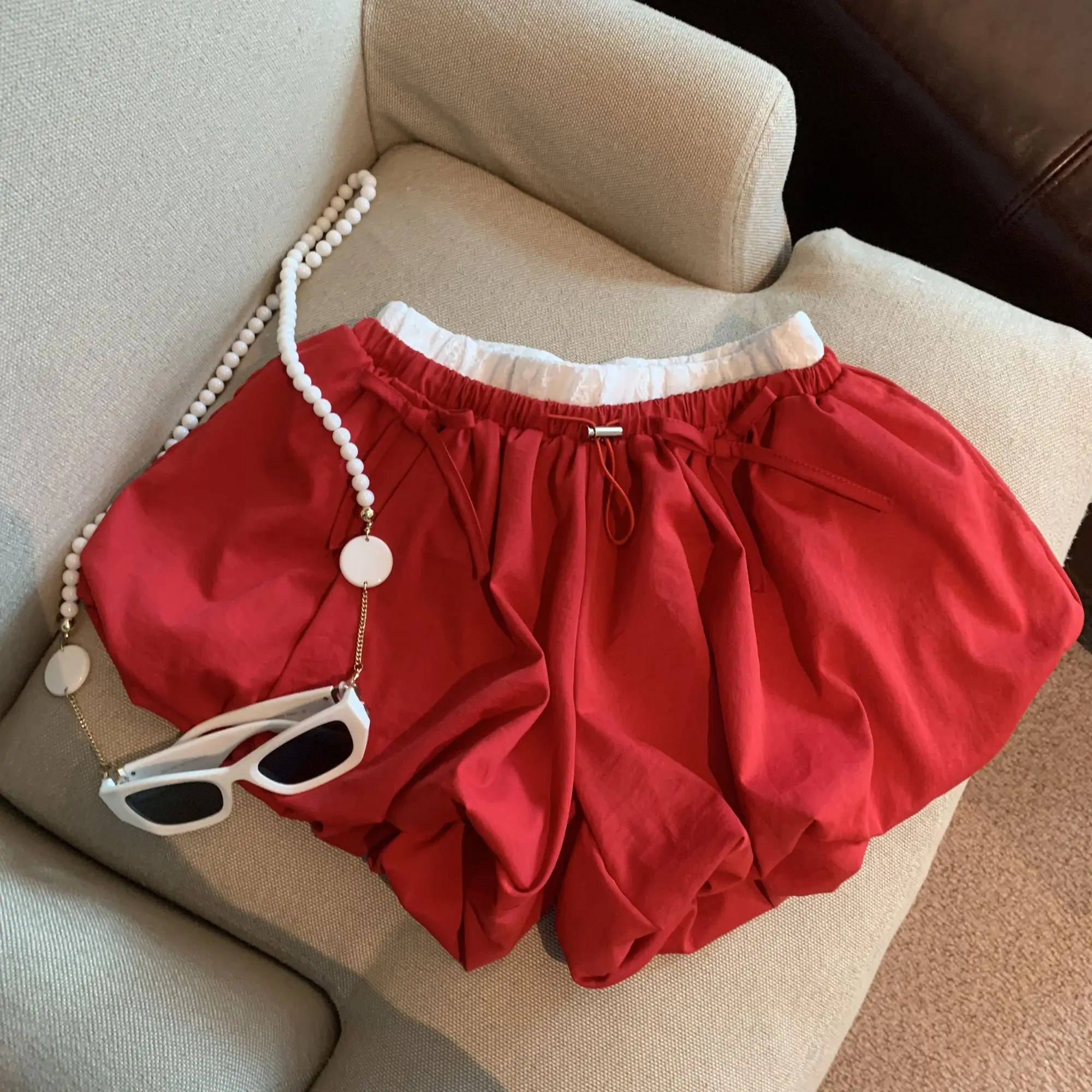 

Sweet Spice Girl, красные брюки с бантом, женские летние дизайнерские пушистые шорты с высокой талией
