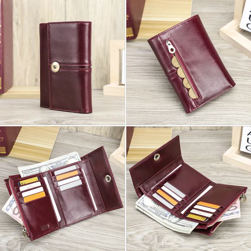 Fashionable British Style Head Anti Magnetic Triple Fold Functional Multi Card Position Genuine Leather Women's Wallets Handbags