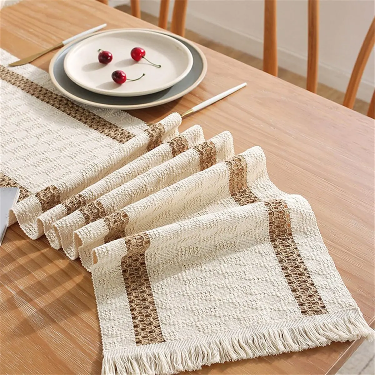 AA14 Table Runner for Summer Home Decor,70.8 Inches Farmhouse Macrame Table Runner Cotton Linen Woven Table Runners