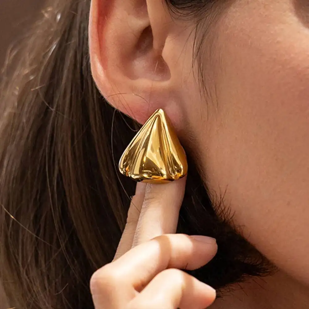 PuRui Trendy Design Stainless Steel Fan Shaped Stud Earrings for Women Minimalist 18K Gold Plated Irregular Geometry Earring