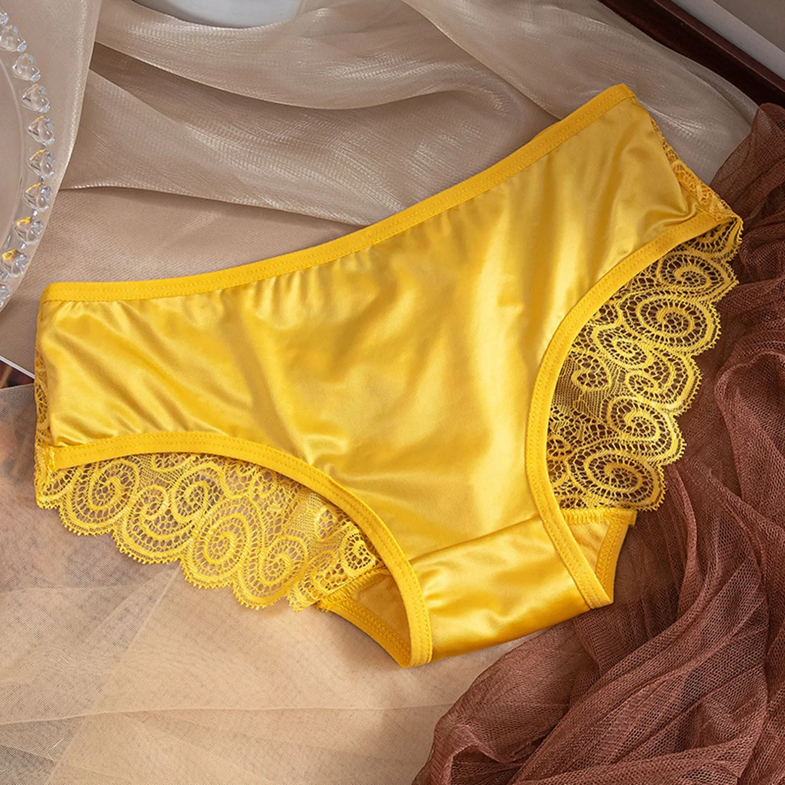 Low Waist Ice Silk Panties Women\'s Sexy Hollow Thin Strap Panties Comfortable Breathable Lace Satin Stitching BriefsLace Panties