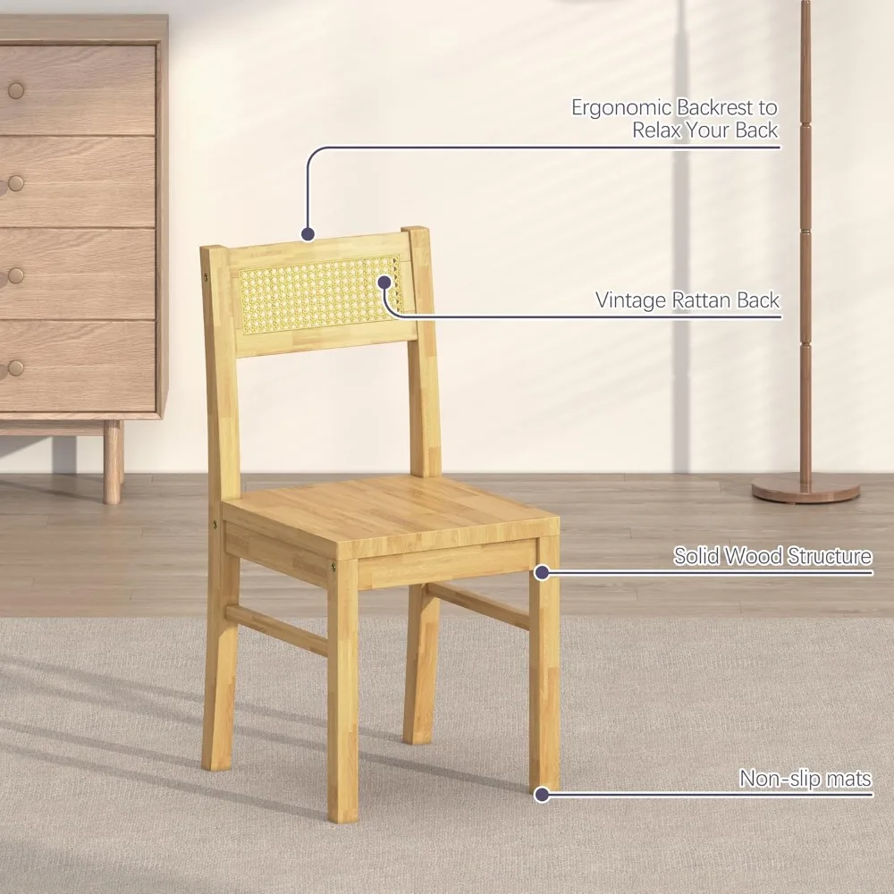 Rustikales 4-Sitzer-Set aus Esstisch und Stühlen aus Holz mit Rattan-Rückenlehne