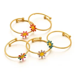 5pcs Stainless Steel Colorful Enamel Flower Rings Open Adjustable Couple Ring for Women Jewelry Gifts Girl Summer Supplies Bulk