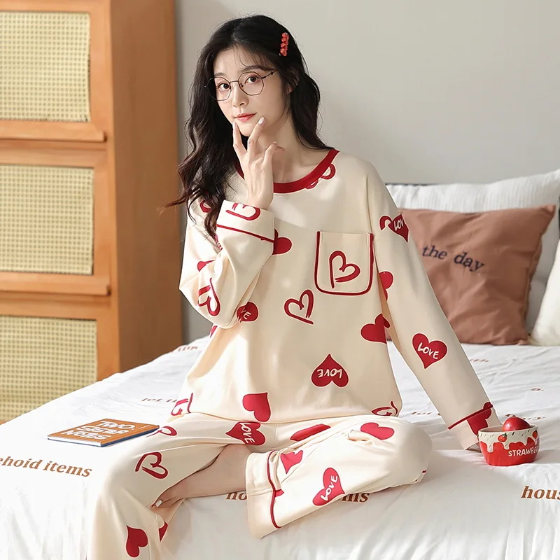 Fall and Winter Women Pajamas Pullovers Long Sleeves Trousers Cartoon Loose Heart Print Student Loungewear 2 Piece Set Nightwear