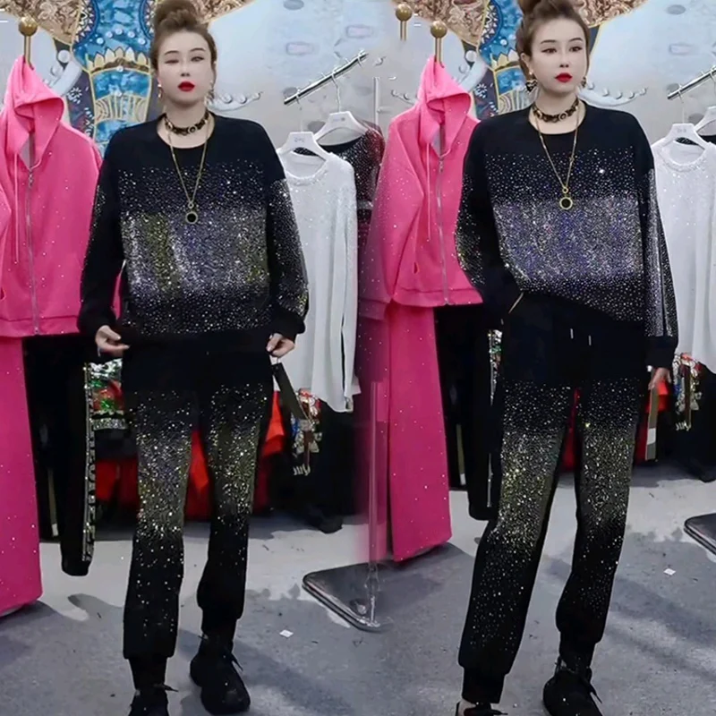 

2025 New Diamond Sports Suit Two-piece Sets Women Outfits Autumn Pullover Long Sleeve Sweatshirts Fashion Casual Pants