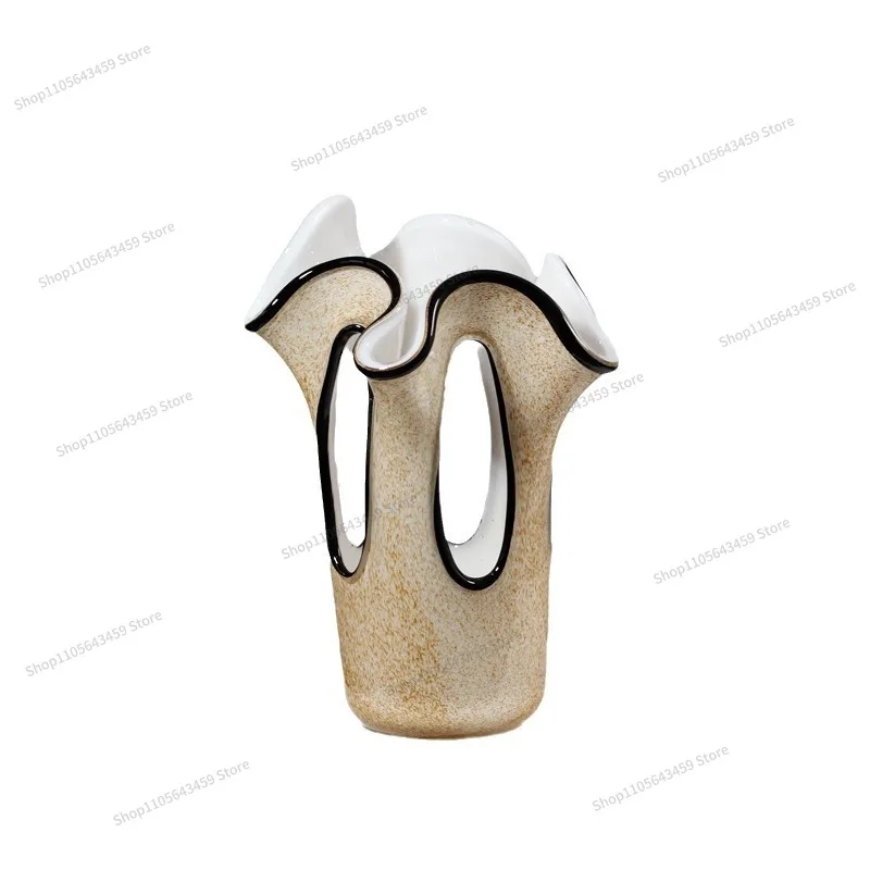 For modern light luxury style petal mouth black edge hollow light brown glazed vase beautiful ornament