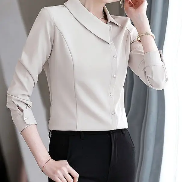2024 Summer New Long sleeved Shirt Women's Chiffon Shirt Top Slim Fit Diagonal Neck Fashion Women's Shirt