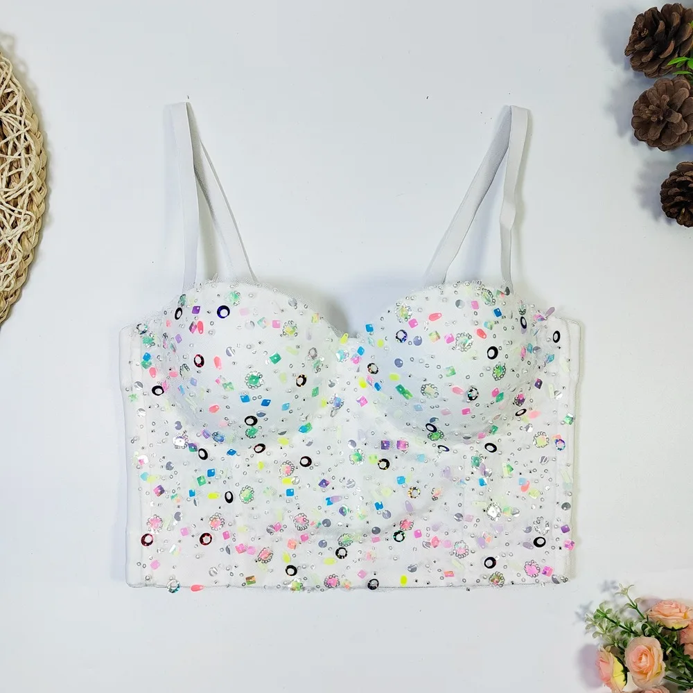 

SXTHAENOO Individuality Trend Sparkly Corset Multicolor Solid Colors Women Short Top Built-in Chest Pad Crop Top Club Party Vest