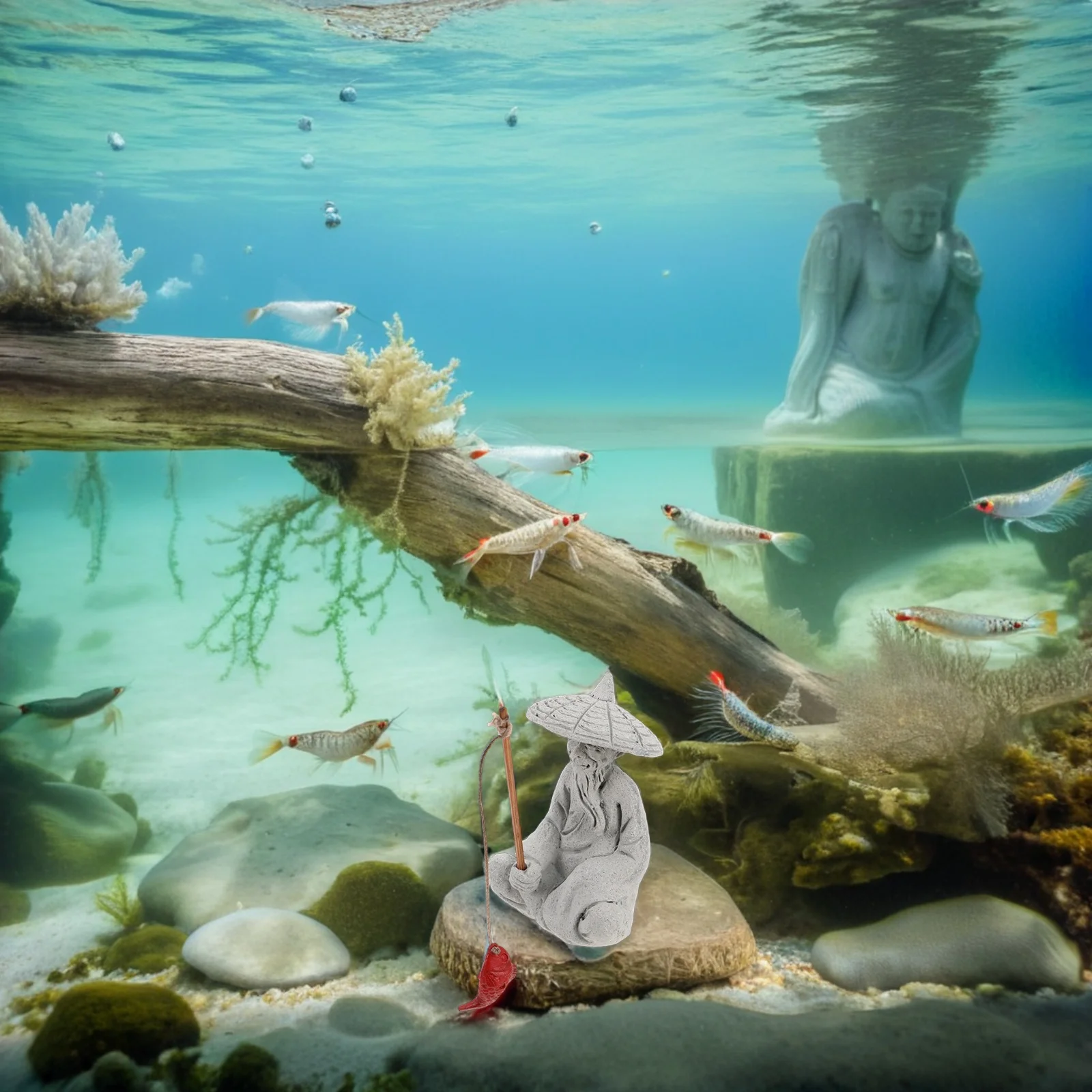 

Mini Fisherman Statue Sandstone Chinese Old Man Fishing Sculpture for Aquarium Bonsai Fish Tank Sand Table Fairy Garden Decor