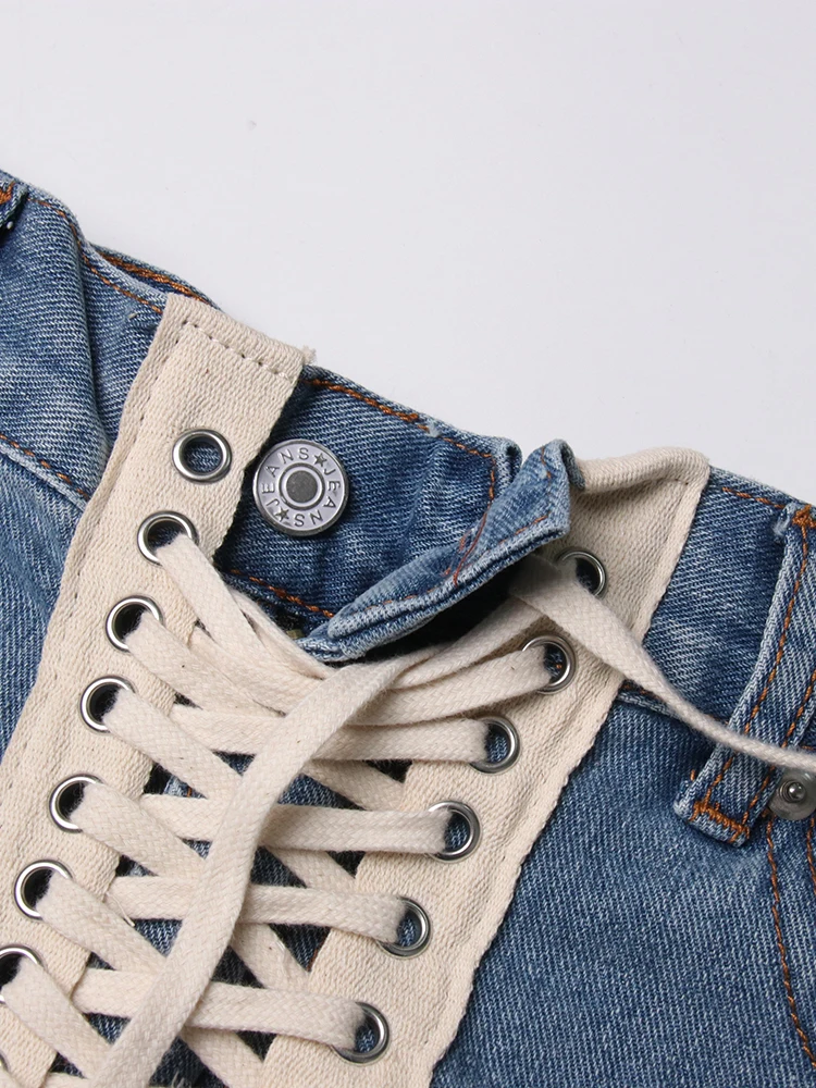 TWOTWINSTYLE Patchwork Ribbons Denim Shorts For Women High Waist Hollow Out Casual Streetwear Short Trousers Female Fashion 2022