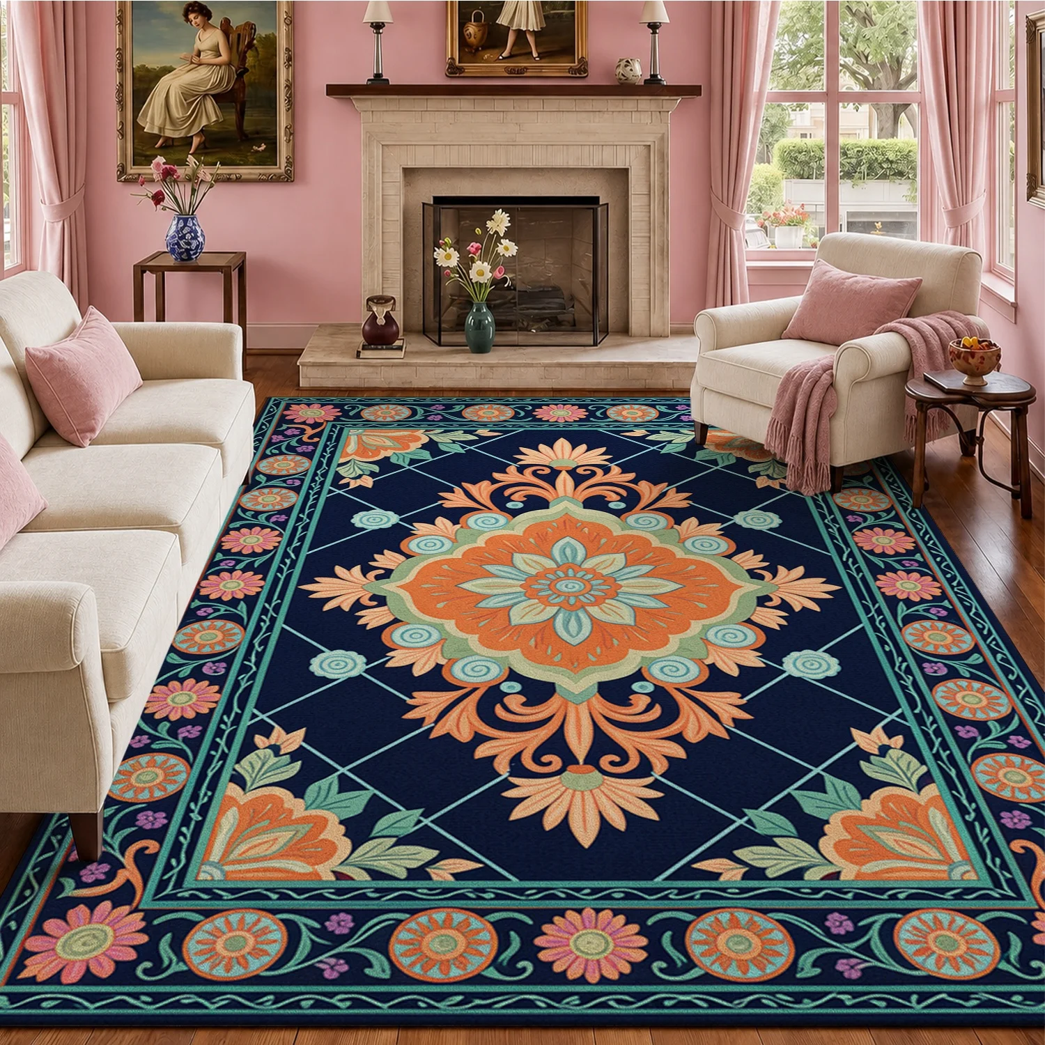 Ornate Floral Mandala Pattern Indoor Area Rug, Soft Velvet, Machine Washable, Stable Base for Living Room, Bedroom, Dining Area, Foyer, Ideal for Halloween, Thanksgiving, Christmas, New Year Holiday Home Decor