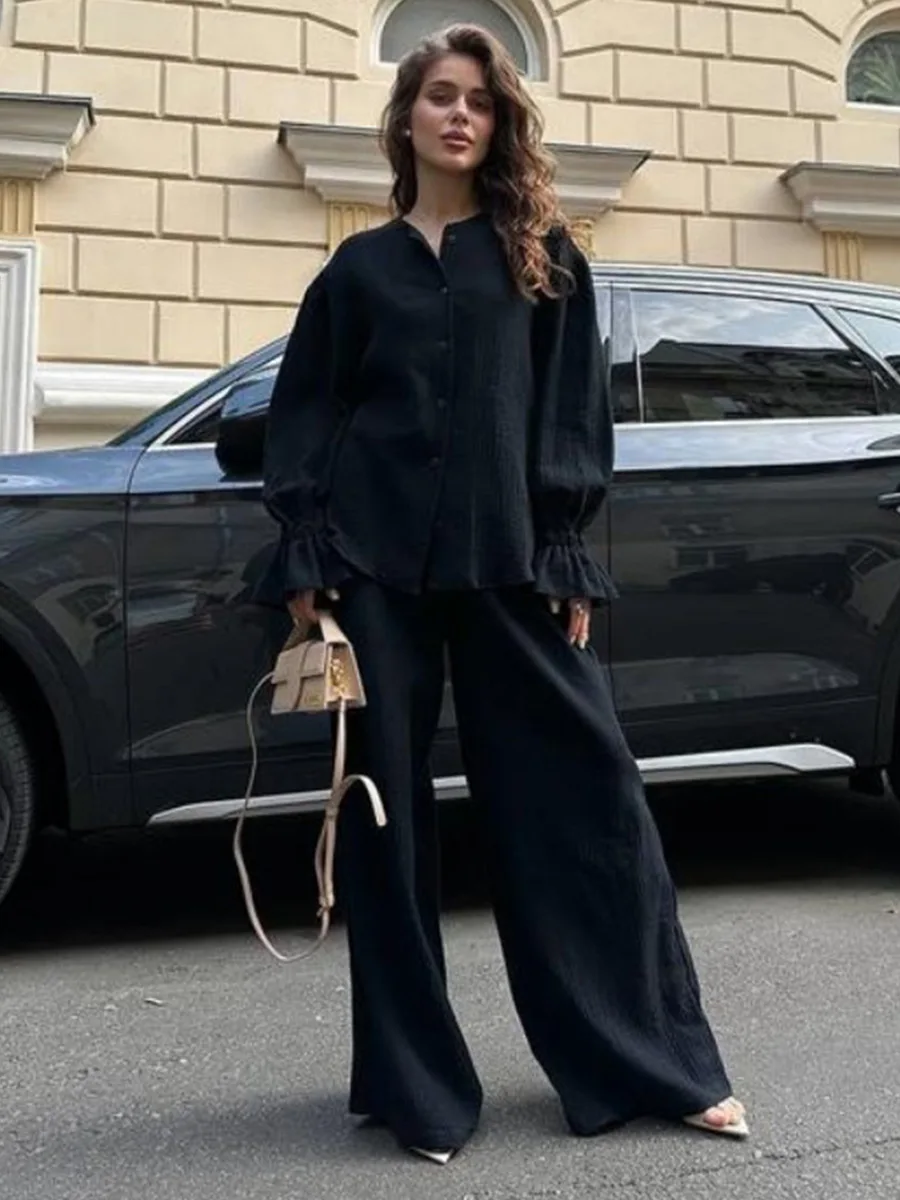 Wolfeel 여성용 신상품 2026 가을 100% 면 랜턴 슬리브 긴팔 세트 루즈 카디건 와이드 레그 팬츠 2피스 세트