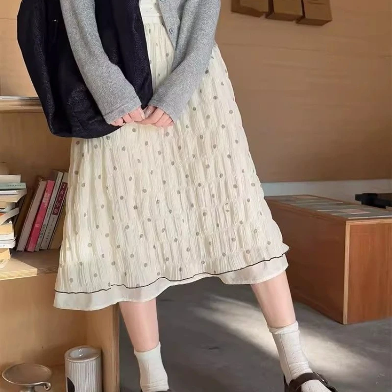 Korean Fashion Kawaii Polka Dot Crinkled Texture Midi Skirt Spring Summer Sweet Cute A-Line Ruffled Apricot Long Skirt for Women