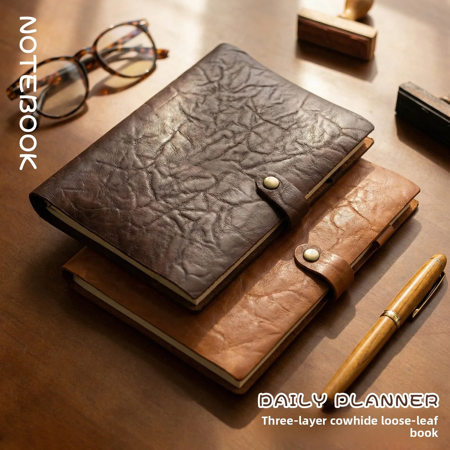 A5 A6 Retro Leather Snap Button Loose Leaf Journal Refillable Notebook with 80 Sheets Inner Paper for Office Study and Travel