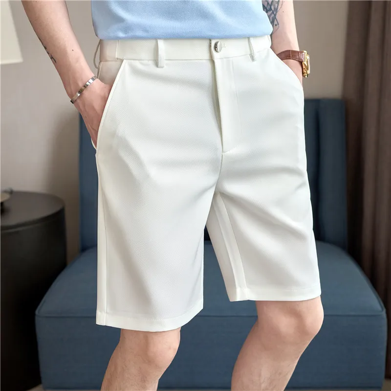 

Summer High Quality Men's Thin Suit Shorts Solid Color Korean Style Slim Fit Casual Shorts Men Elastic Waist Knee Length Pants