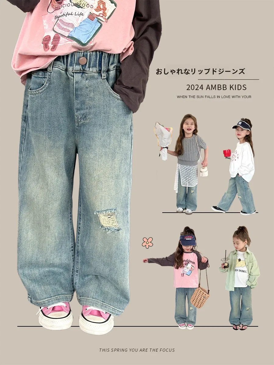 レトロファッショナブルな女の子用ジーンズ-春秋用-耐摩耗性ストレートレッグパンツ-カジュアルパンツ-子供用-綿ポリエステル混紡