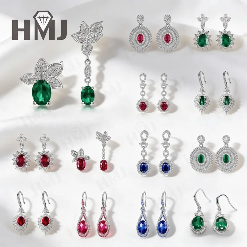 

Lab Grown Gemstone Earrings Oval Ruby Sapphire Colombia 925 Sterling Silver Styles Ear Studs for Women Party Christmas Gift