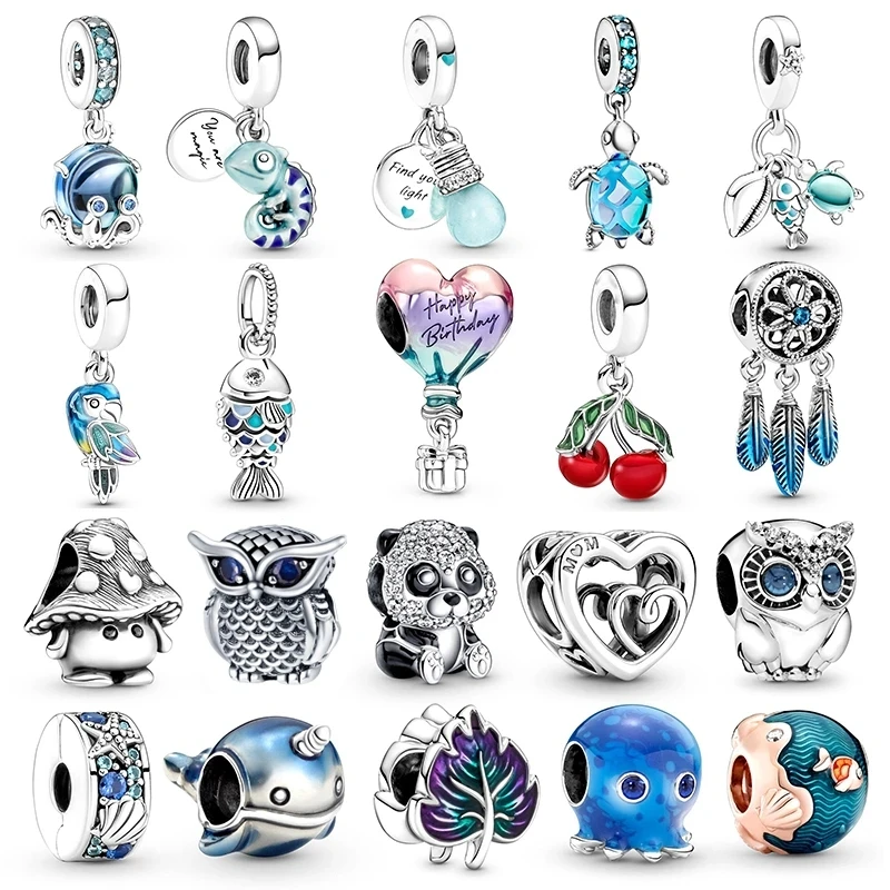 

925 Sterling Silver Chameleon Owl Cherry Leaf Hot Air Balloon Octopus Beads Fit Original Pandora Charm Bracelet DIY Fine Jewelry