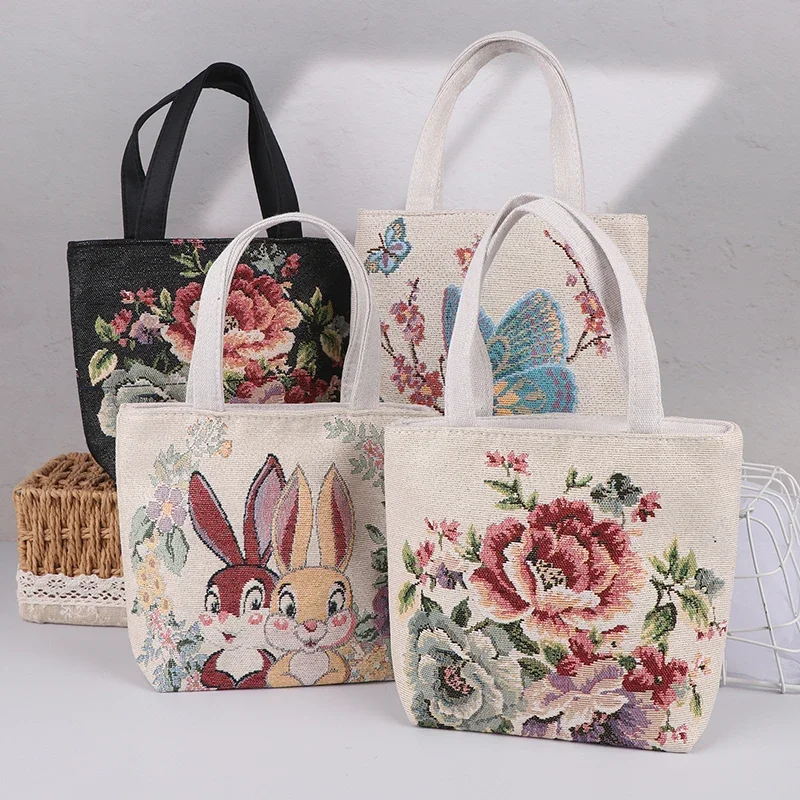 

Cute Embroidery Cat Canvas Tote Bag With Flower & Butterfly Design Fashionable Travel Shoulder Bag For Miscellaneous Storage
