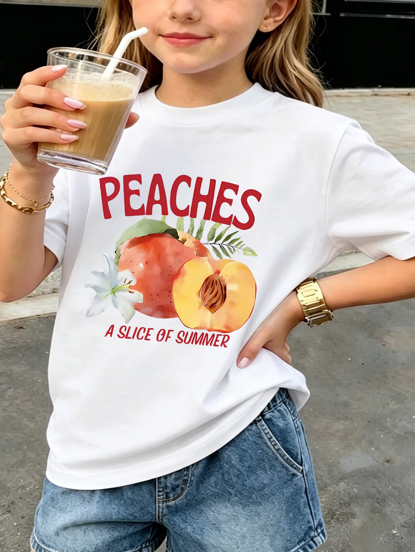 Kids Family Matching T Shirt Watercolor Peaches Summer Letter Print Short Sleeve Cotton Tops For Boys Girls Daily Casual Outfit